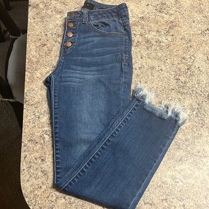 Risen high rise button fly distressed skinny with frayed bottom (no holes)